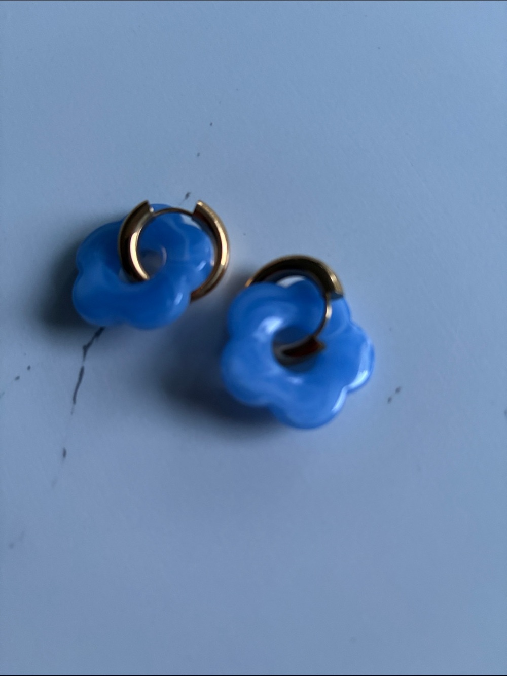 Gold Hoop Earrings with Blue Flower Charms